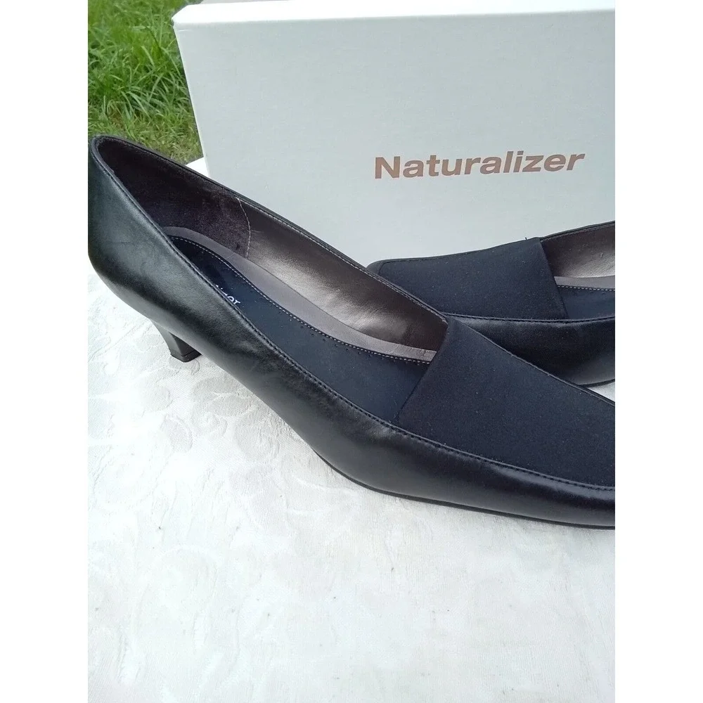 Naturalizer Janet Black Leather Fabric Square Toe Kitten Heel Pumps 7.5N 845N22